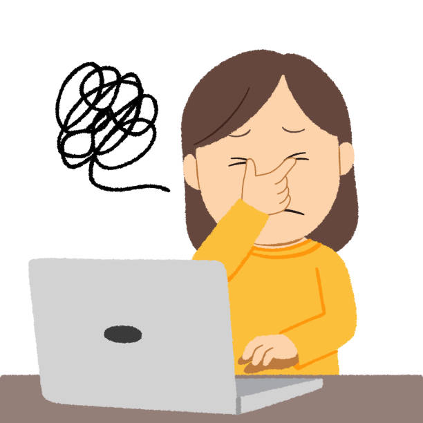 Ilustración educativa sobre fatiga visual por uso de computadora